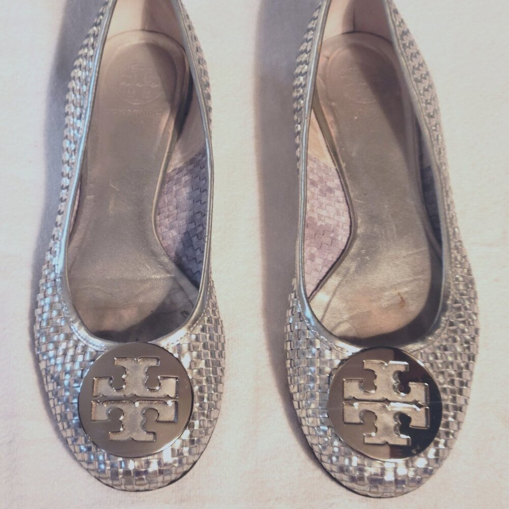 Tory Burch Woven Metallic Silver Leather Ballet Flats, Size 10